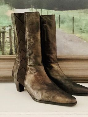 PREVATA bronze leather stretch side pull-on Mid Calf boots made in Italy 8 B
